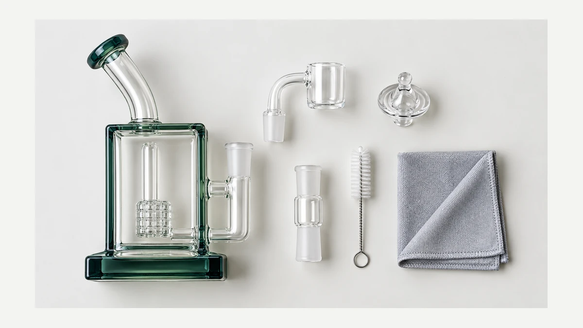 Rectangular dab rig parts arranged for cleaning Rectangular dab rig parts arranged for cleaning