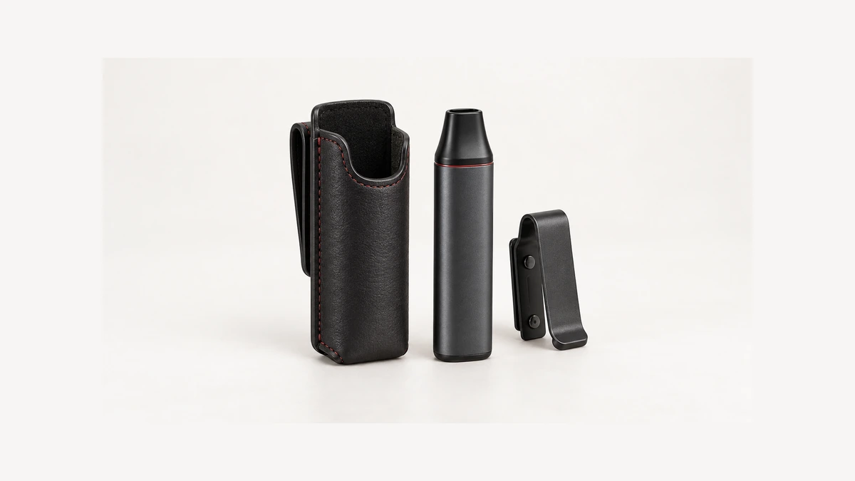 Leather device holster with separate clip beside a wax vaporizer