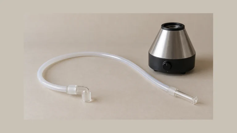 Loose vaporizer whip hose and glass fittings beside a desktop unit