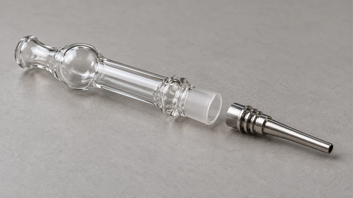 Glass nectar collector body beside a detached hollow metal tip Glass nectar collector body beside a detached hollow metal tip