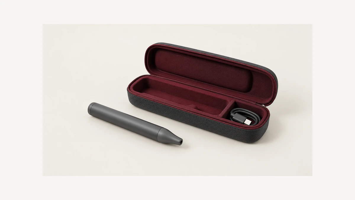 Opaque vaporizer pen beside an open padded cable case Opaque vaporizer pen beside an open padded cable case