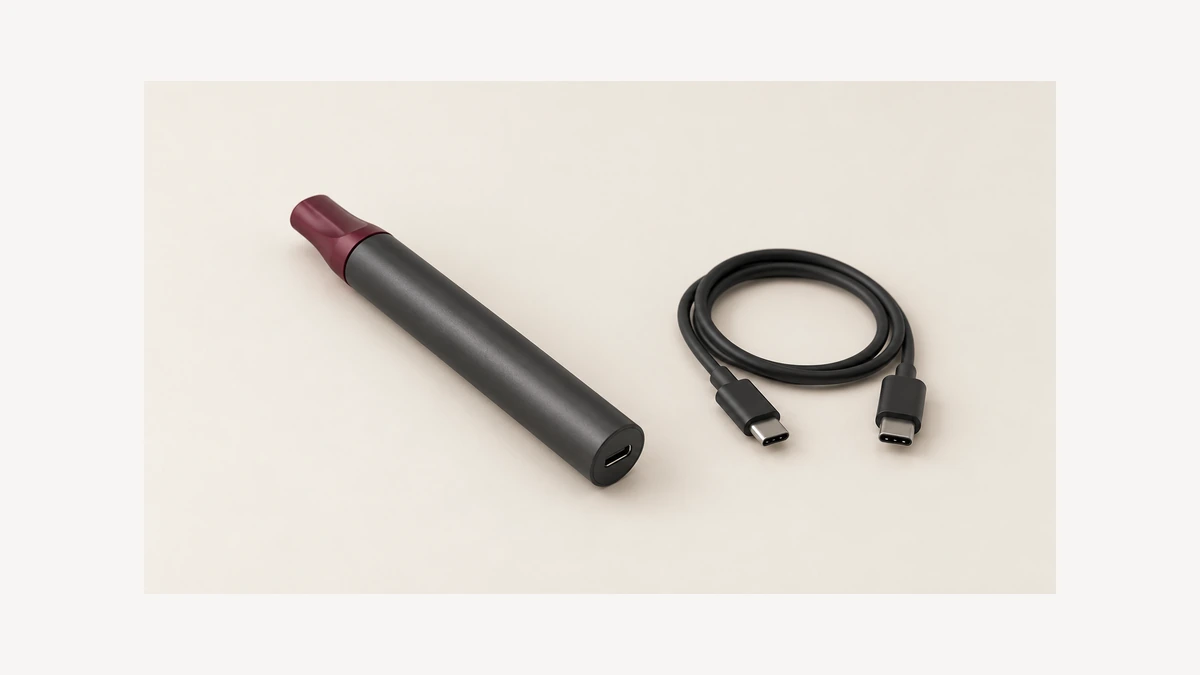 Opaque vaporizer pen with visible USB-C socket beside a disconnected cable Opaque vaporizer pen with visible USB-C socket beside a disconnected cable