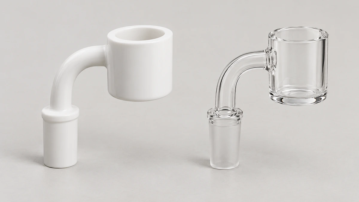 Opaque white bucket attachment beside a clear bucket banger