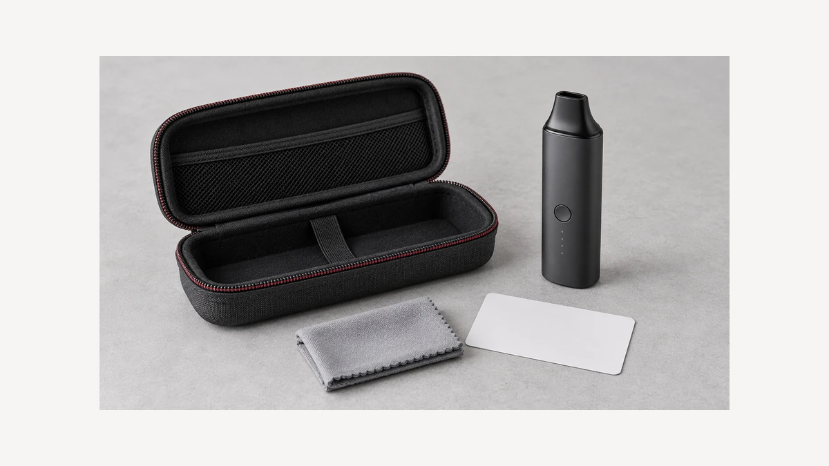 Open accessory case beside blank care card cloth and inactive vaporizer