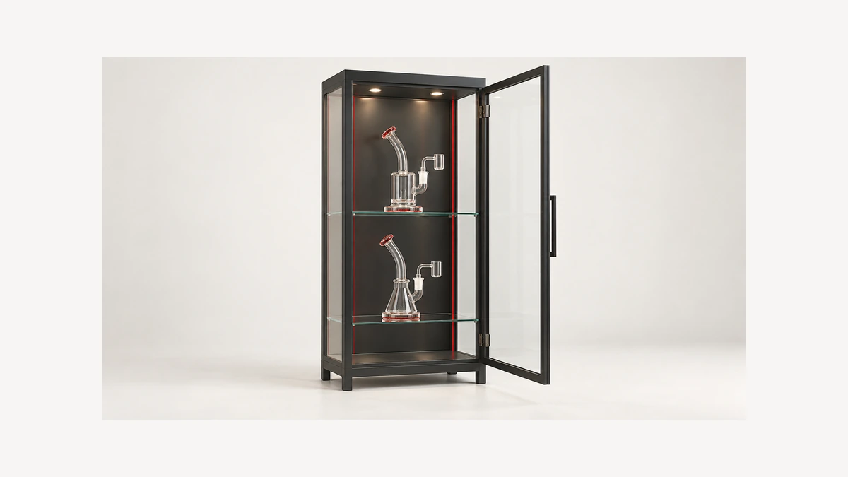 Open glass cabinet with empty rigs clear of the door