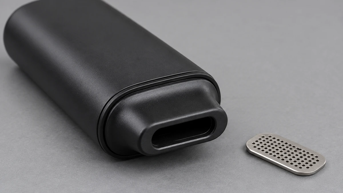 Close view of a compact dry-herb vaporizer mouthpiece and perforated screen