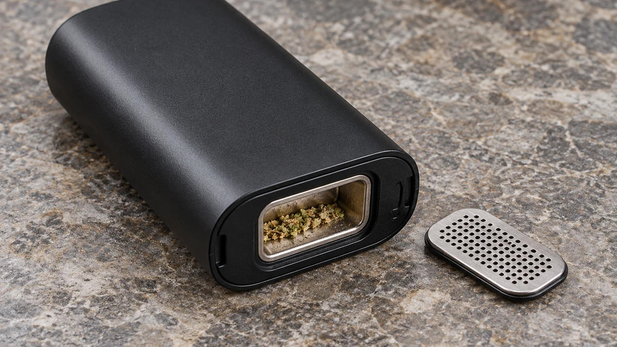 Close view of a dry-herb vaporizer oven screen and chamber opening
