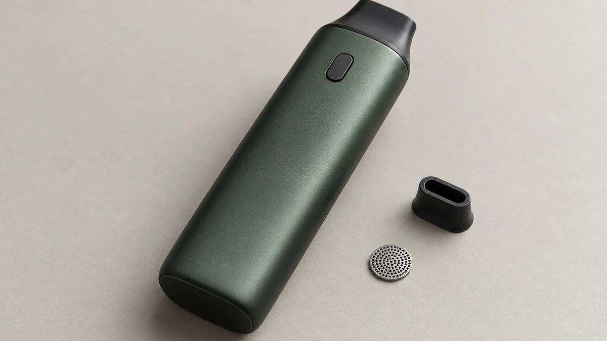 Generic dry-herb vaporizer body with its oven screen and cap shown separately