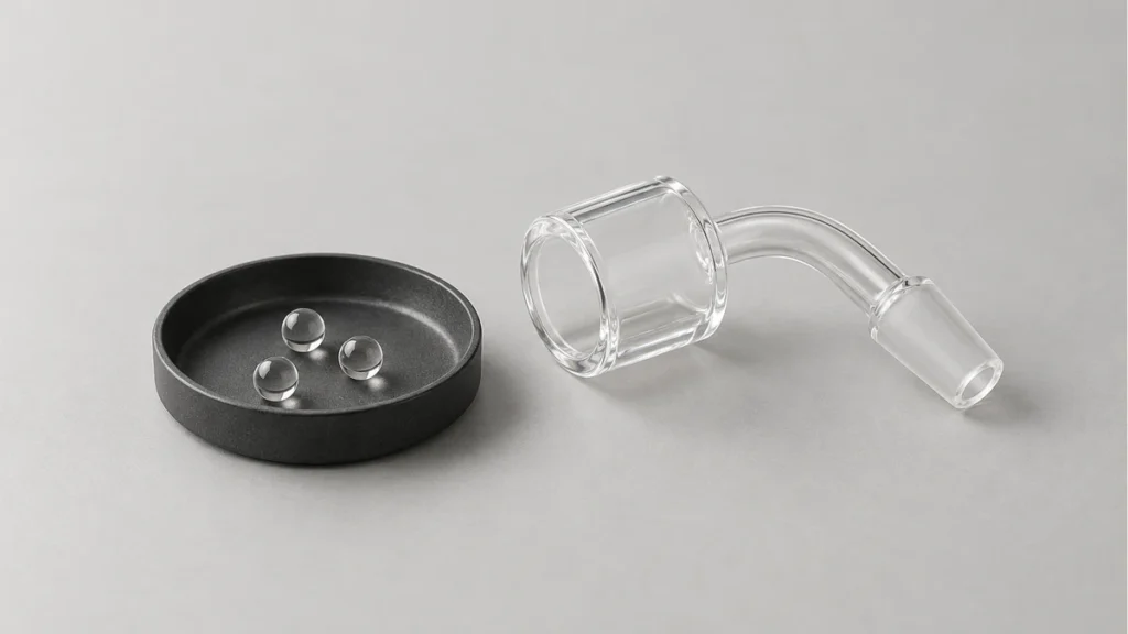 Small clear spherical accessories in a tray beside an empty banger