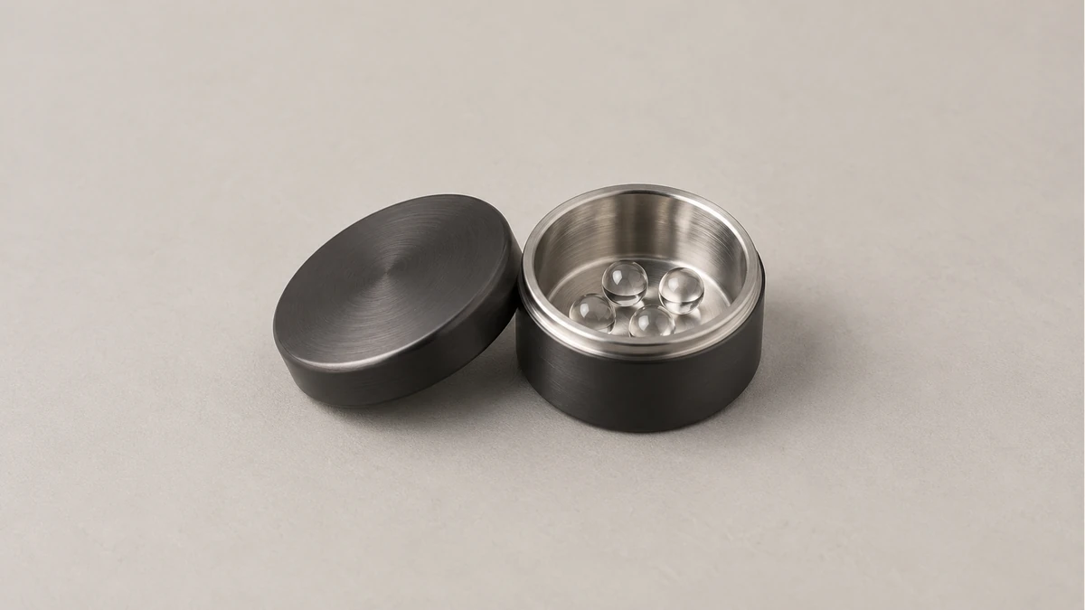 Small clear spherical accessories inside an open lidded parts pot Small clear spherical accessories inside an open lidded parts pot