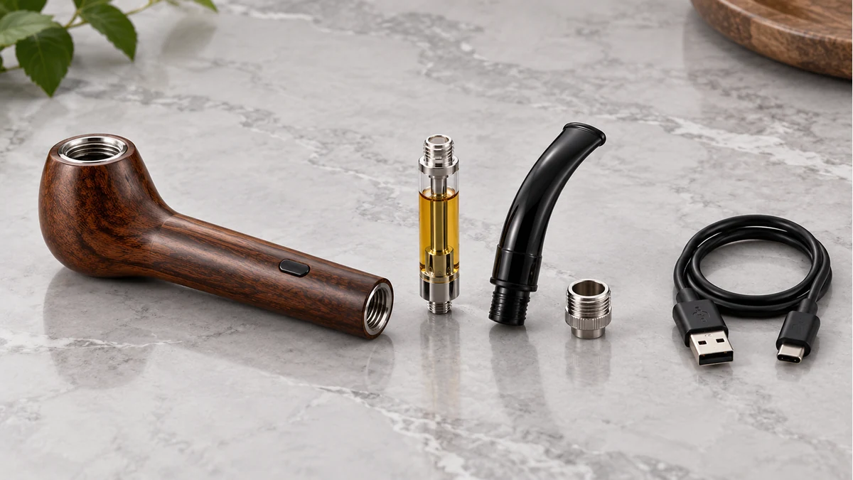 Pipe-shaped battery, cartridge, mouthpiece and charging cable Pipe-shaped battery, cartridge, mouthpiece and charging cable