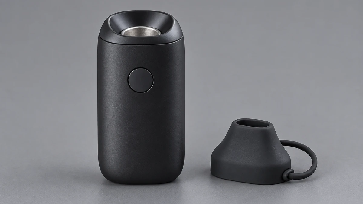 Compact concentrate vaporizer with its silicone mouthpiece cap and tether visible