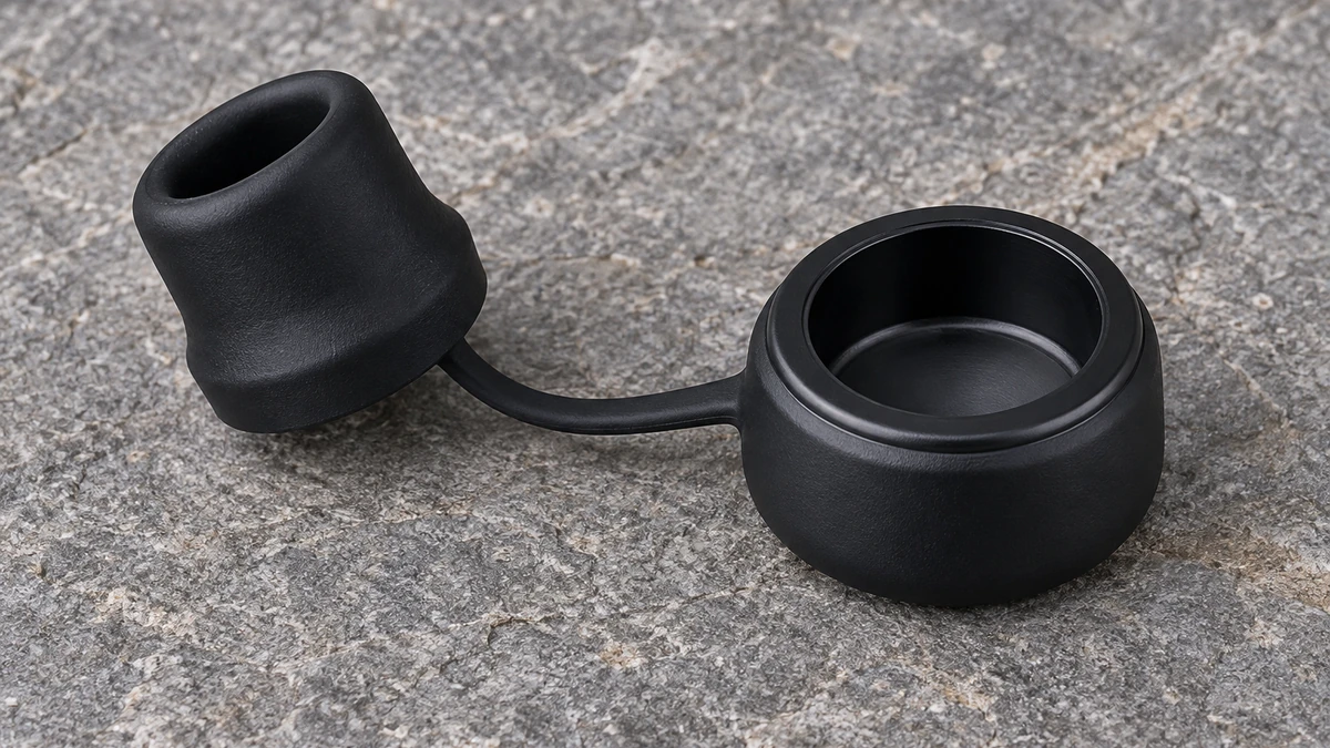 Close-up of a proprietary silicone vaporizer mouthpiece and short tether