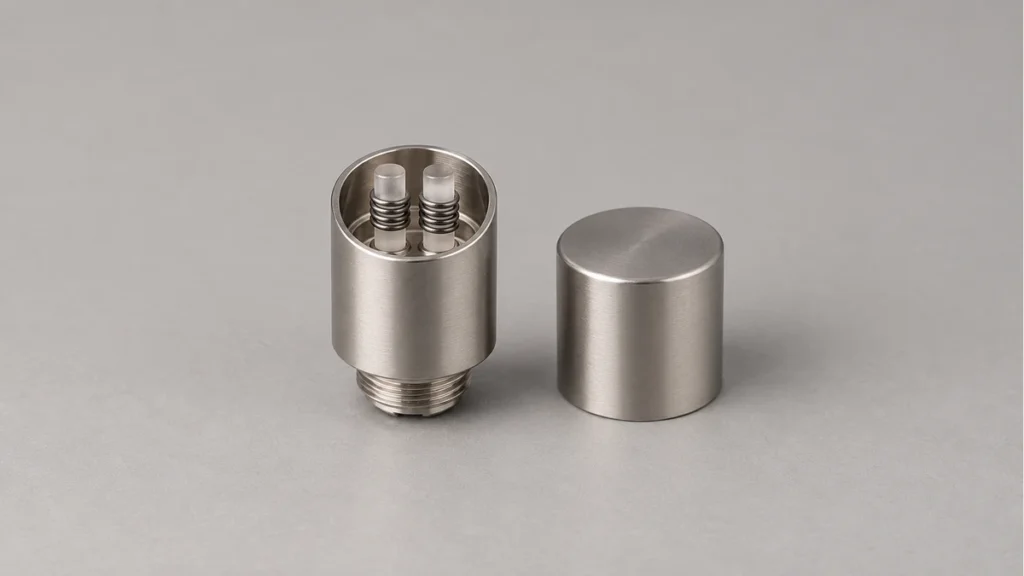 Open metal wax pen chamber with two wire-wrapped rods and separate cap
