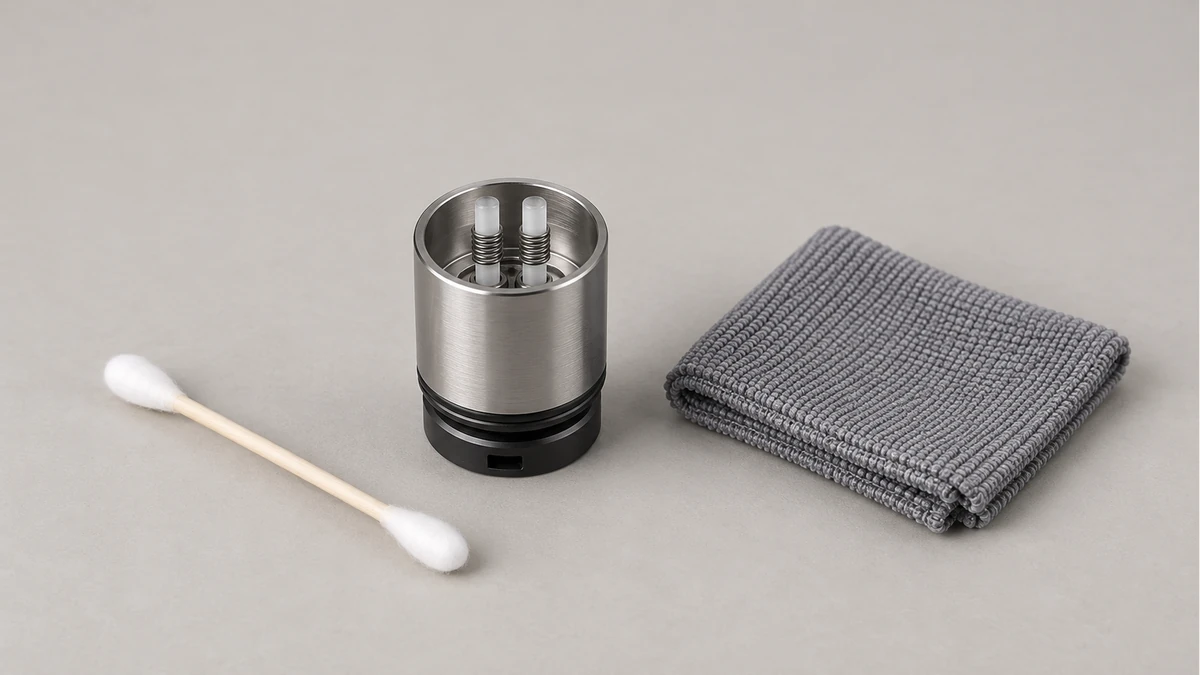 Open rod-style coil chamber beside a dry swab and cloth