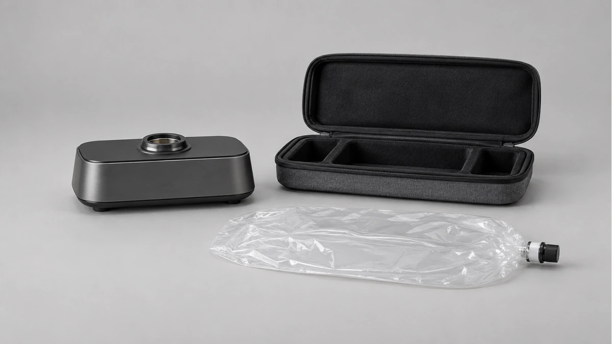 Rectangular desktop vaporizer beside a separate collection bag and open padded case