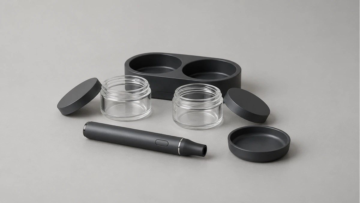 Removable empty jars and lids beside a passive organizer wax pen and empty dish