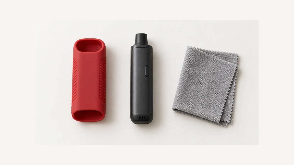 Removed red silicone sleeve beside an unpowered dry herb vaporizer and dry cloth
