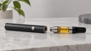 Screw-on 510 cartridge beside a battery