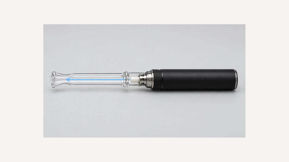A pale-blue arrow follows the visible glass tube from a generic nectar-collector heater end toward its mouthpiece