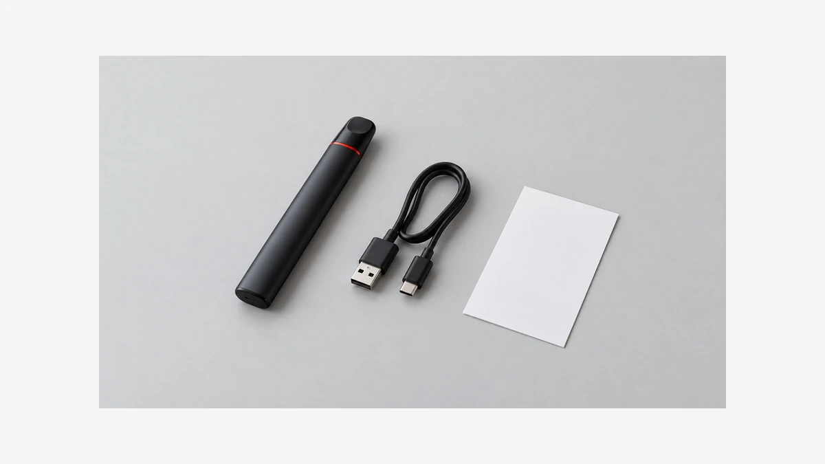 Sealed inactive pen beside disconnected USB cable and blank instructions