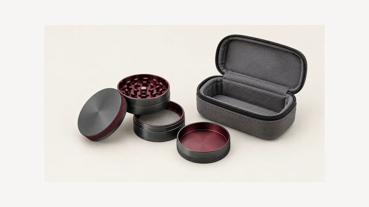 Separate empty grinder sections beside an open padded case
