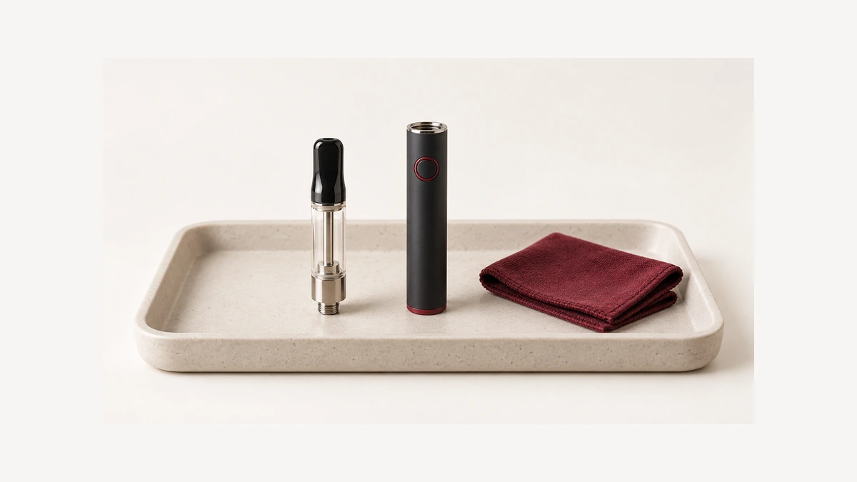 Separate empty oil cartridge and inactive pen battery beside a folded cloth