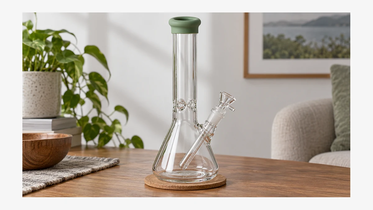 Silicone mouthpiece fitted to a clear glass bong