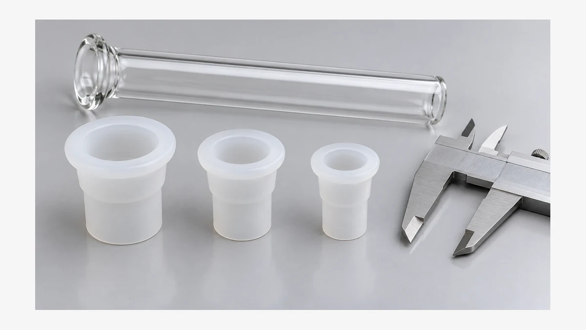 Silicone mouthpiece sizes beside a glass tube and calipers
