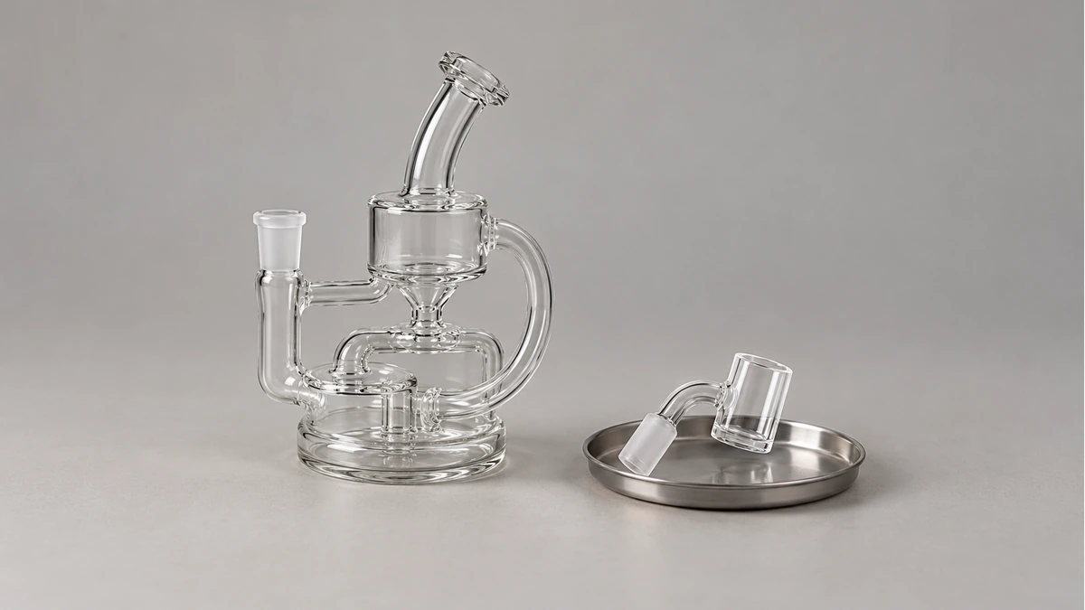 Small recycler rig beside a detached empty bucket banger on a parts tray