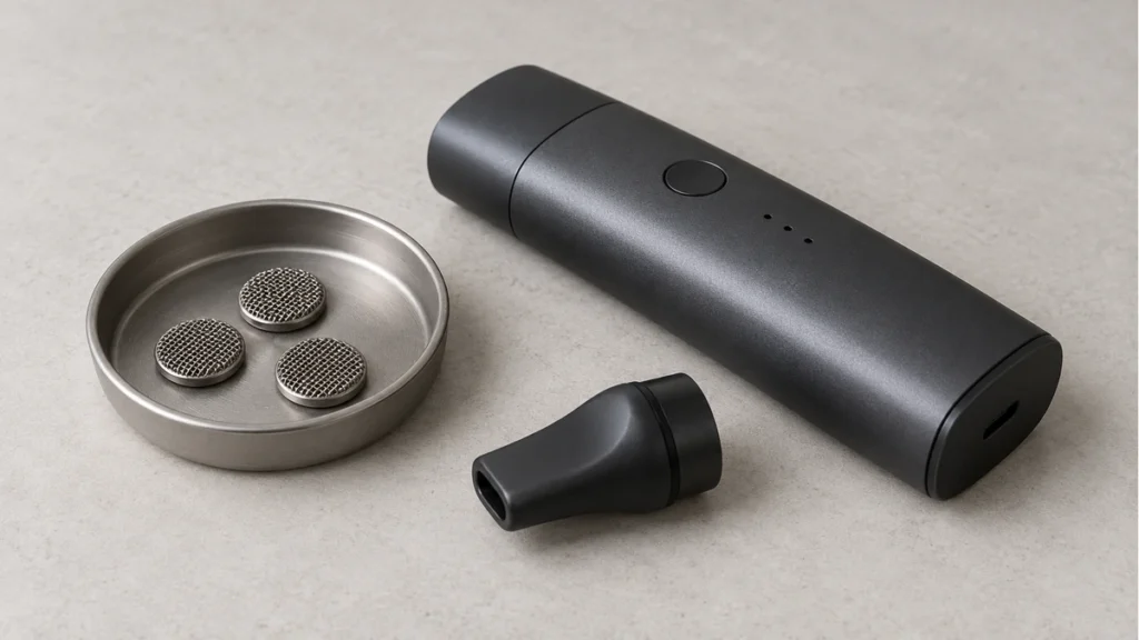 Small round metal screens beside a generic vaporizer and mouthpiece