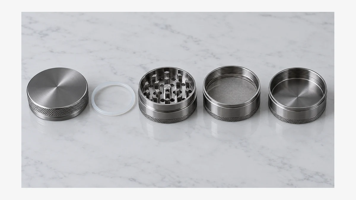 Disassembled grinder with gasket and collection chambers
