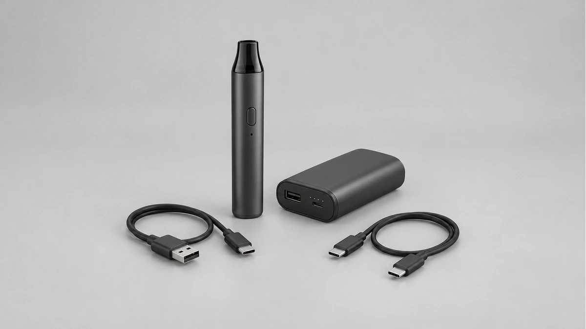 Solid body wax pen beside a power bank and two disconnected cables