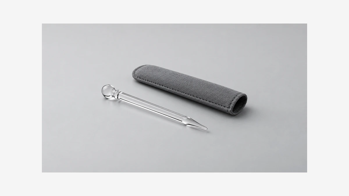 Solid glass tool beside a separate protective sleeve