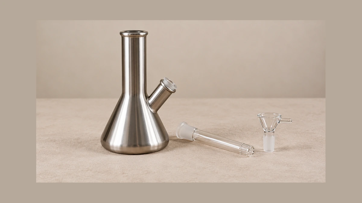 Steel water pipe beside detached clear glass attachments Steel water pipe beside detached clear glass attachments