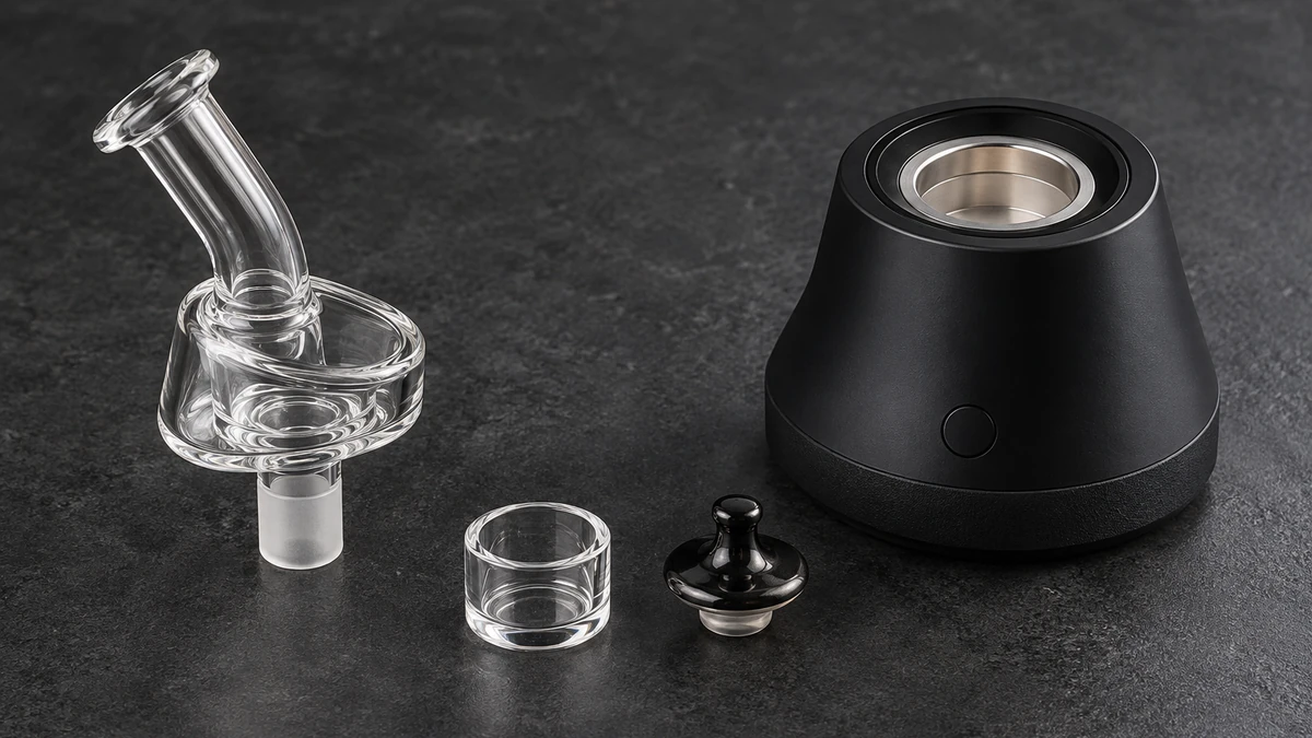 Glass attachment and cap arranged beside a desktop electronic rig