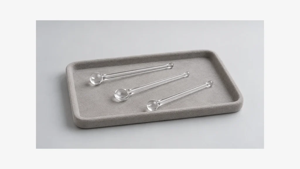 Three solid clear glass tools resting separately on a tray