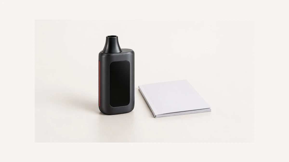 Touch screen vaporizer beside an unlabelled manual