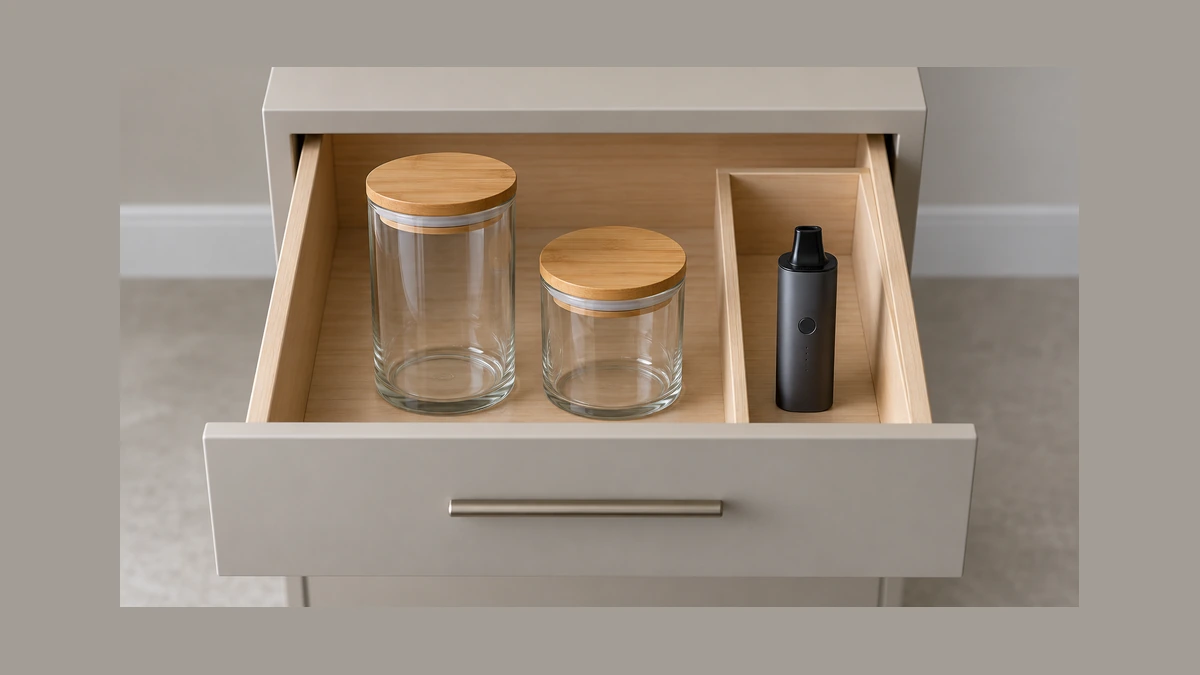 Two closed empty storage jars and a vaporizer in separate drawer spaces