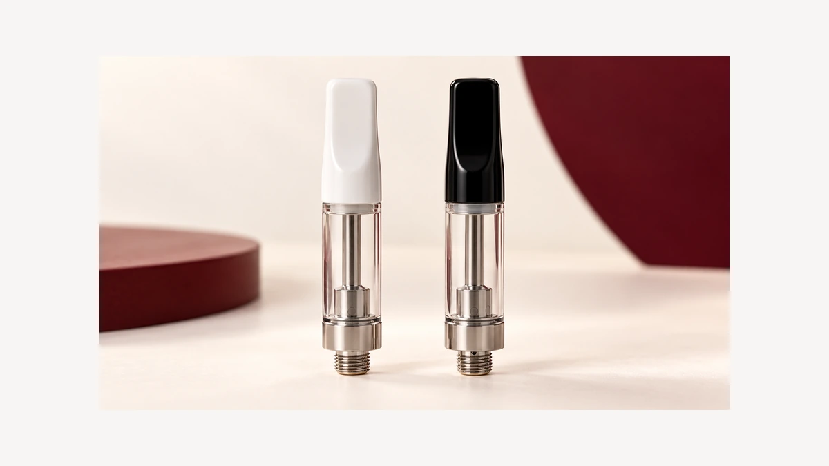 Two complete empty oil cartridges with black and white mouthpieces