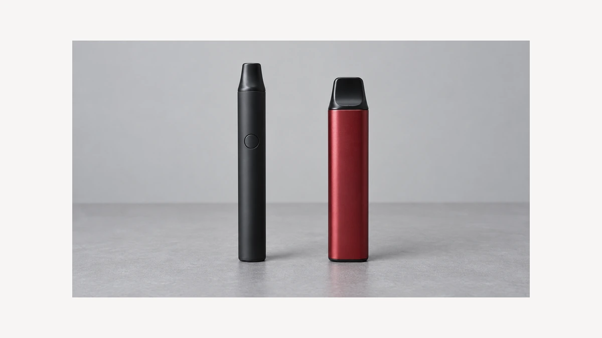 Two complete inactive opaque wax pen devices on a neutral tabletop