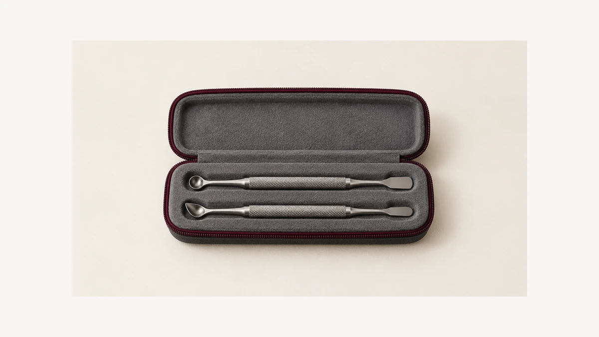 Two complete metal scoop tools in separate padded case recesses