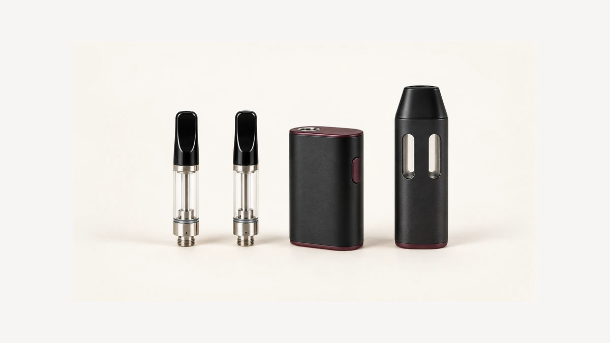Two empty oil cartridges and inactive battery beside integrated two window device