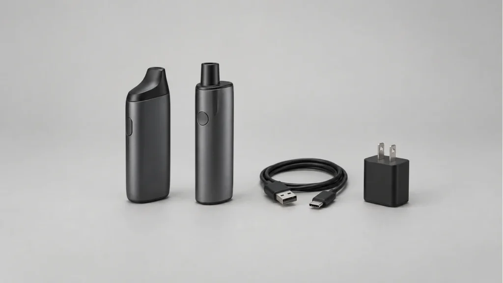 Two powered off solid body vaporizers beside disconnected cable and unplugged power supply