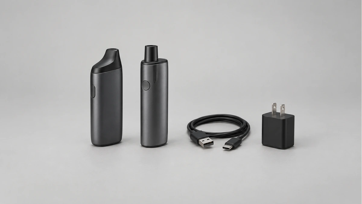 Two powered off solid body vaporizers beside disconnected cable and unplugged power supply