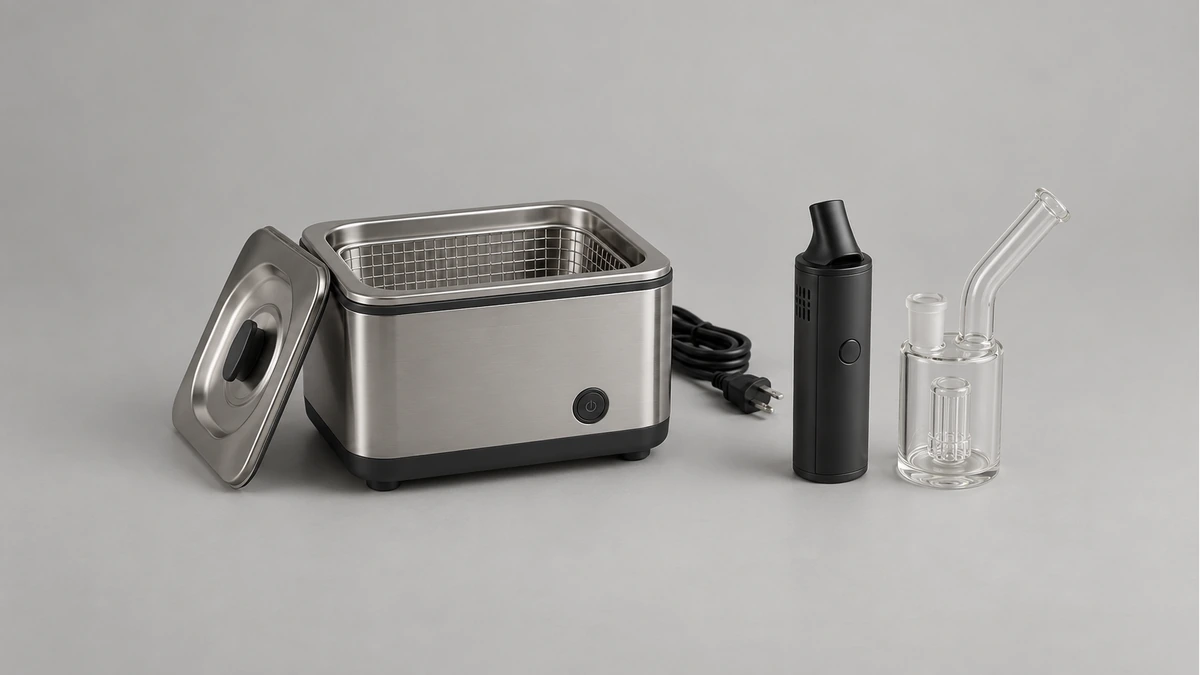 Unplugged cleaning bath beside a separate vaporizer and empty glass attachment