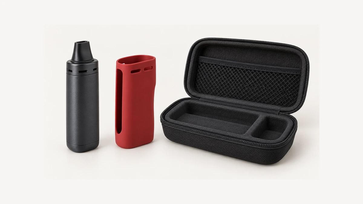 Unpowered device beside a separate red sleeve and open padded storage case