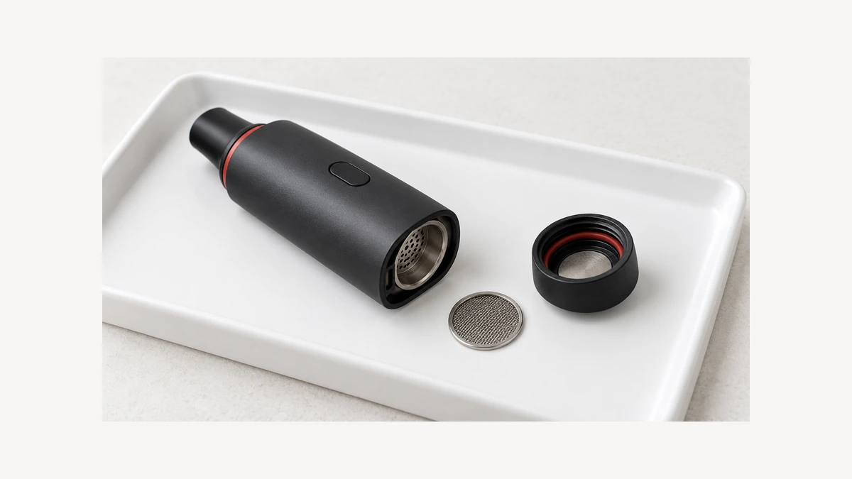 Unpowered dry herb vaporizer and separate empty screen on a dry white tray