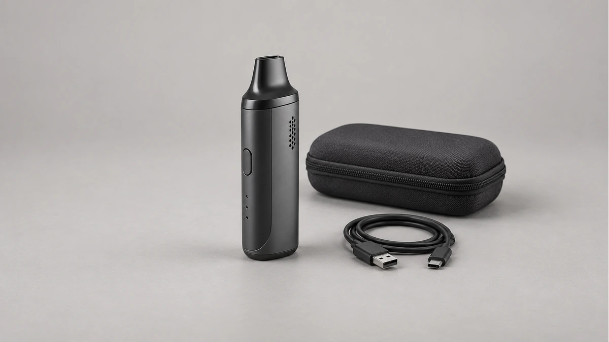 Unpowered dry herb vaporizer beside a closed case and disconnected charging cable