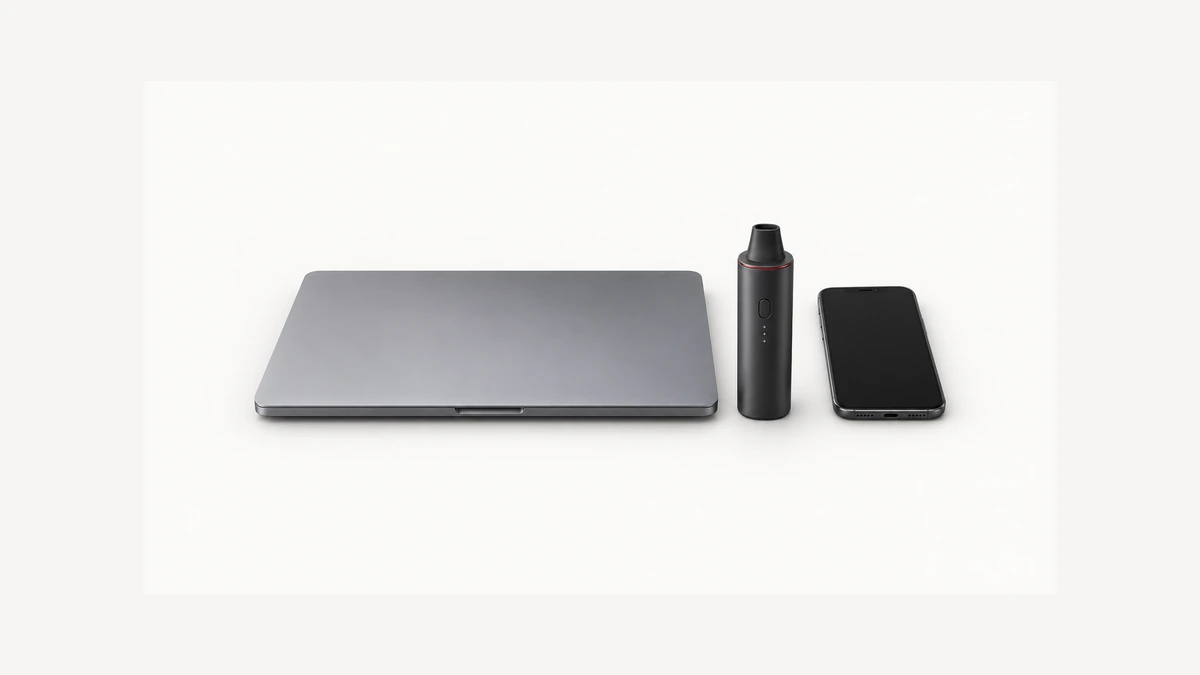 Unpowered dry herb vaporizer beside a complete closed laptop and dark smartphone Unpowered dry herb vaporizer beside a complete closed laptop and dark smartphone